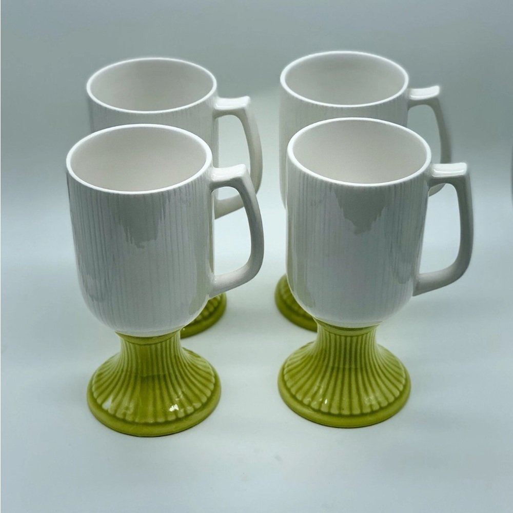 Vintage Mod Footed AES Japan Coffee Mugs 1970s Hand-painted Set Of Four